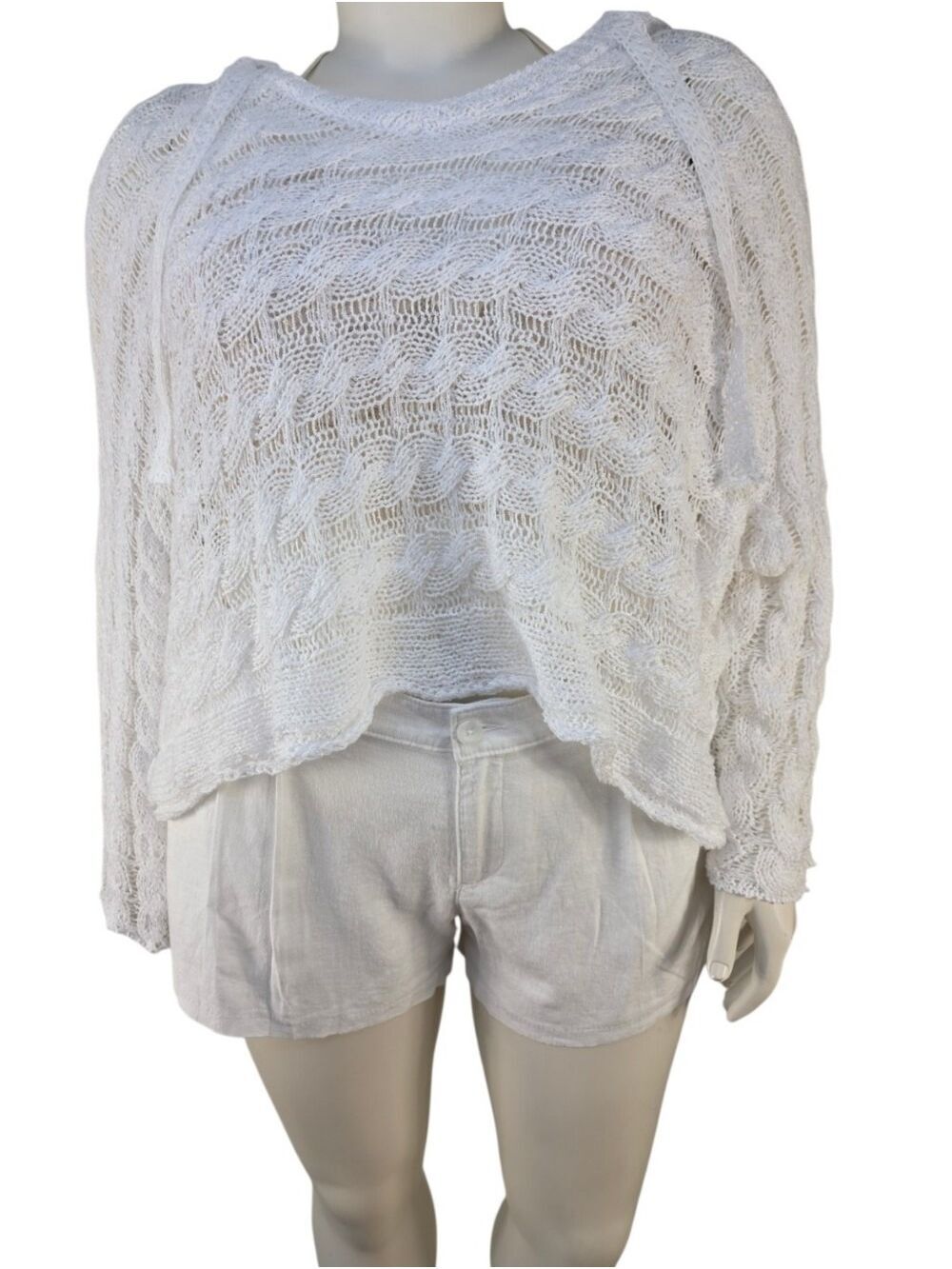 POL White Hooded Crochet Cropped Sweater Boho Coastal Size Large NWOT